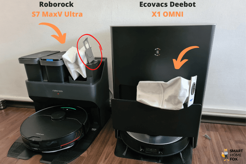 Die Staubbeutel der Roborock S7 MaxV Ultra und der Ecovacs Deebot X1 OMNI Station sind in der Nahaufnahme zu sehen